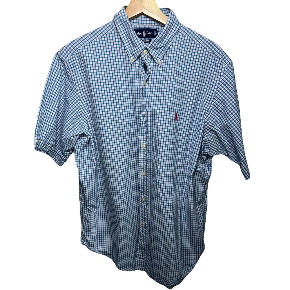 Polo Ralph Lauren Large‎ Short Sleeve Tattersall Check Plaid Button Down Classic